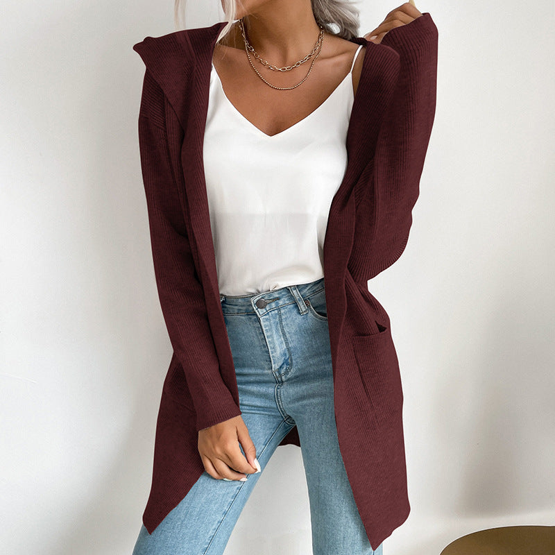 Damen Strickcardigan Offene Front Hochkragen Beige