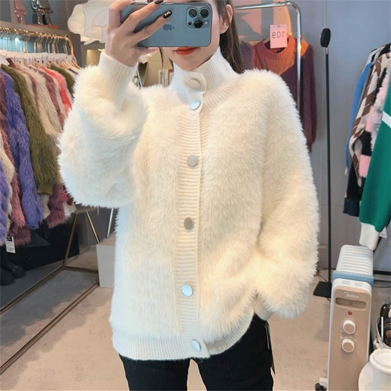 Damen Strickjacke Kuschelig Knopfverschluss Hochkragen Norvielle - Norvielle