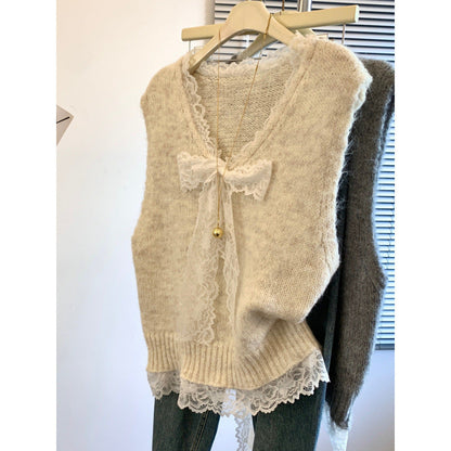 Damen Strickweste Spitzenkragen Bogen