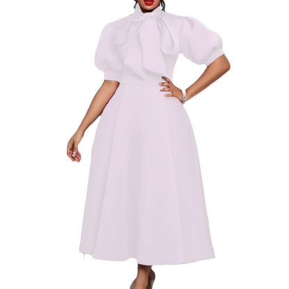 Damen Elegantes Midi-Kleid Puffärmel Bindegürtel