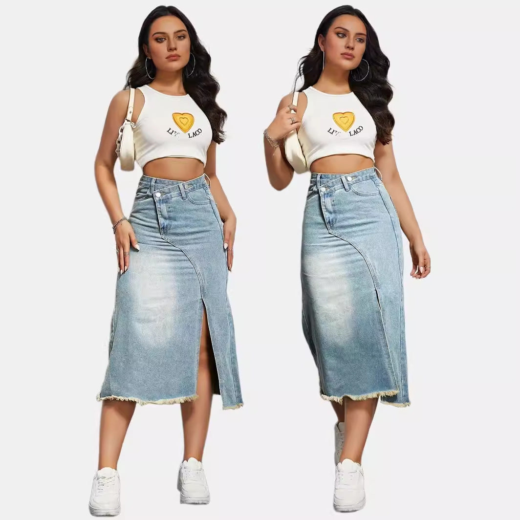 Damen Denim-Rock Asymmetrischer Schlitz Fransiger Saum