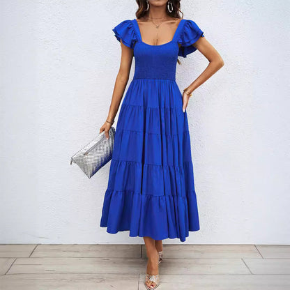 Damen Maxi-Kleid Voluminöse Puffärmel Gerafftes Oberteil Norvielle