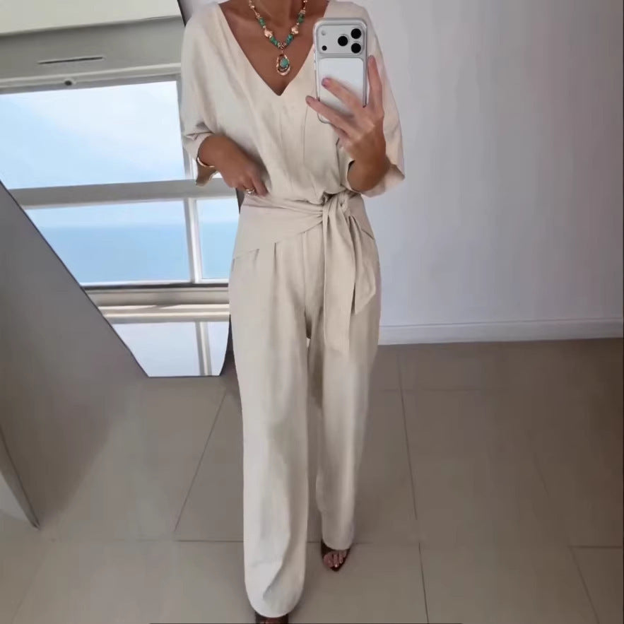 Damen Jumpsuit Tailliert Wickelgürtel Elegant Schwarz - Norvielle