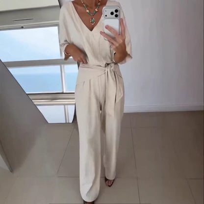 Damen Jumpsuit Tailliert Wickelgürtel Elegant Schwarz - Norvielle