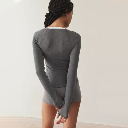 Damen Langarmshirt Spitze Knopfleiste Norvielle