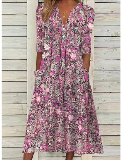 Damen Blumenkleid Midi mit Taschen