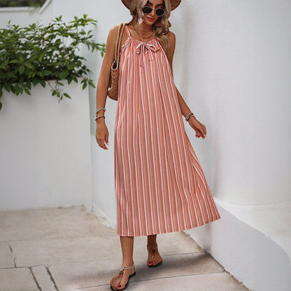 Damen Maxikleid mit Bindegürtel und Streifen Norvielle