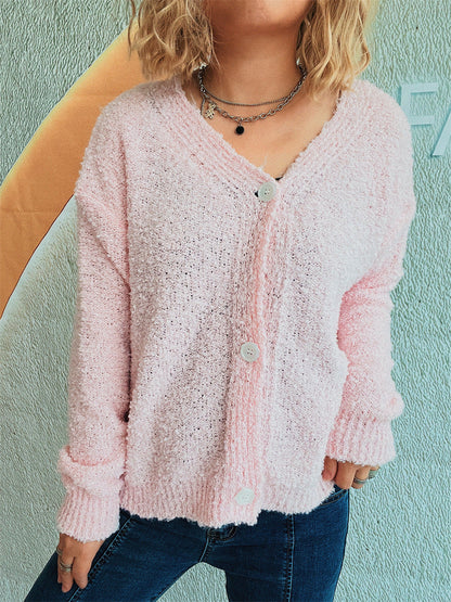 Damen Strickcardigan V-Ausschnitt Knöpfe Beige