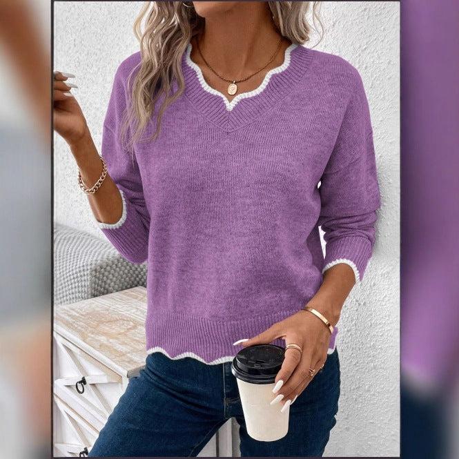 Damen Pullover V-Ausschnitt Gezackter Saum Beige