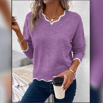 Damen Pullover V-Ausschnitt Gezackter Saum Beige
