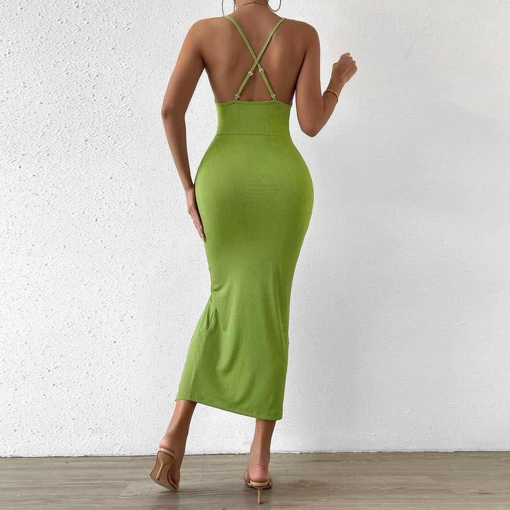 Damen Maxi-Kleid V-Ausschnitt Cut-Out Hohem Schlitz Norvielle