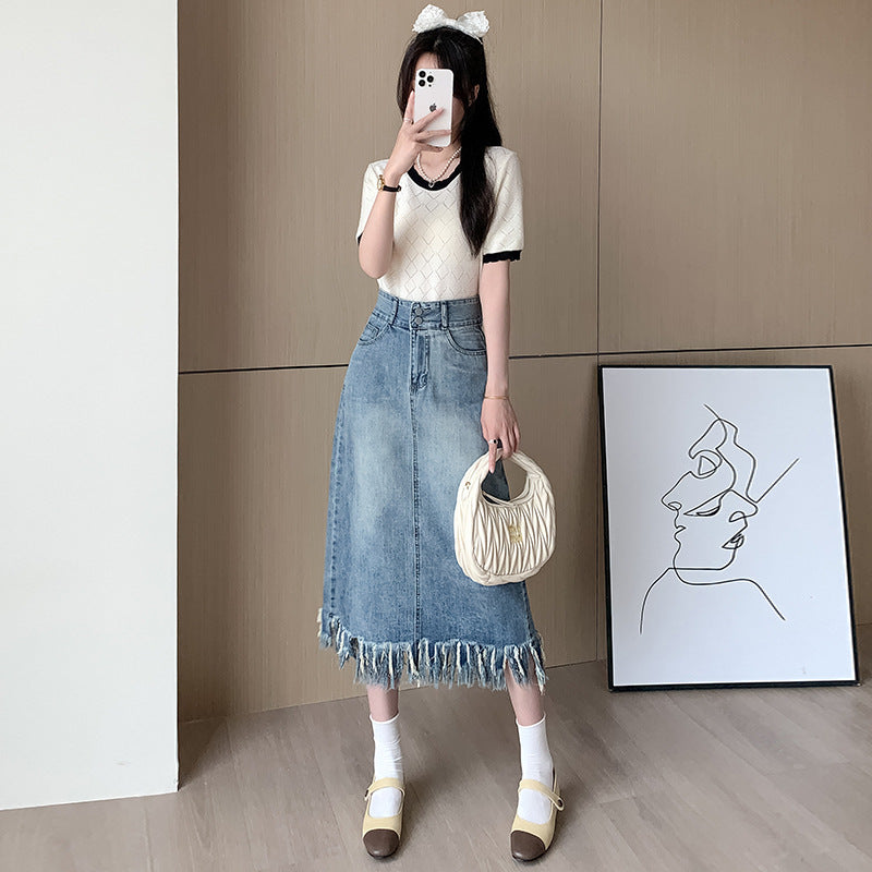 Damen Denim Midi-Rock Fransiger Saum