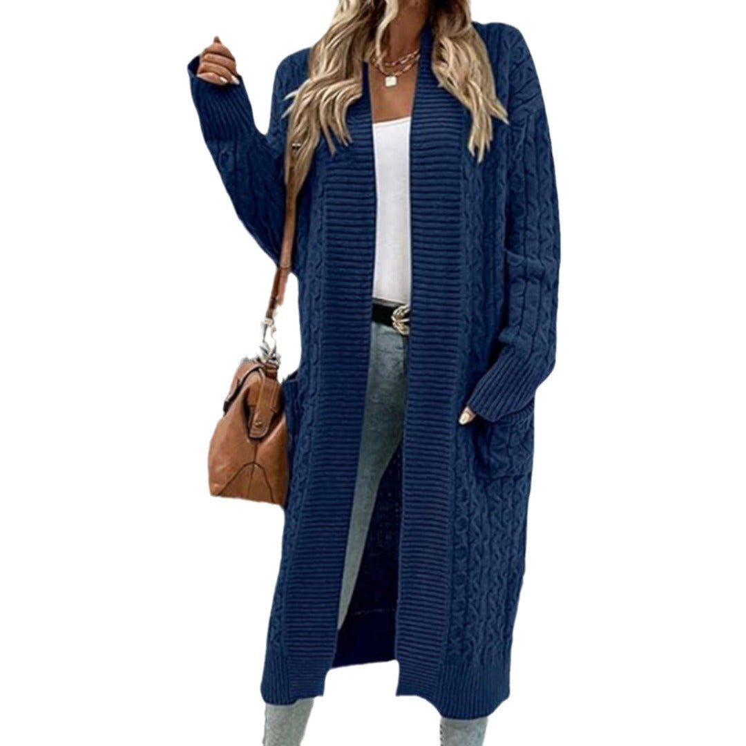 Damen Grobstrick Cardigan Offenes Design Mit Taschen Beige