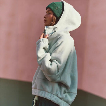 Damen Fleecejacke Verstellbarer Kapuzen-Kragen Praktische Taschen