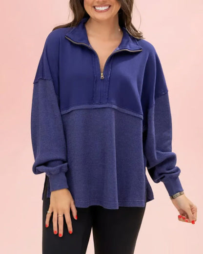 Damen Pullover Halb-Reißverschluss Voluminöse Ärmel Norvielle