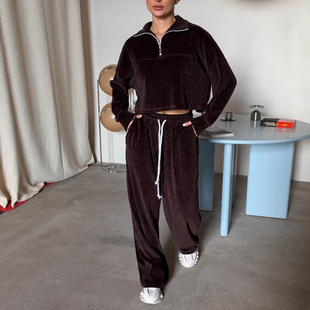 Damen Cropped Sweatshirt Halb Reißverschluss Weite Hose Norvielle