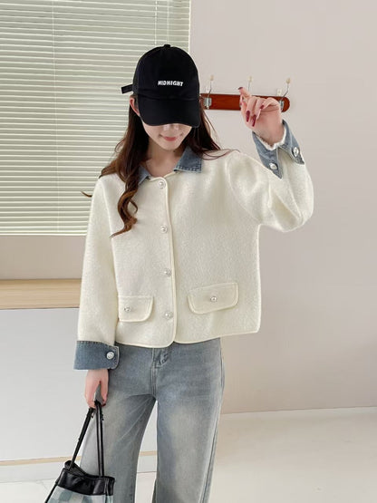 Damen Strickjacke Kontrast Ärmel Denim Norvielle
