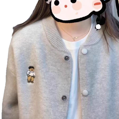 Damen Strickjacke mit Knöpfen und Bärenstickerei Norvielle