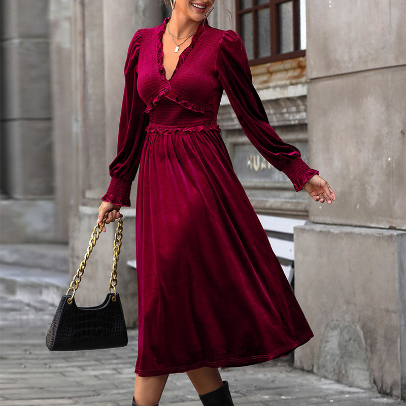 Damen Midikleid Rüschendetails Langer Ärmel Norvielle