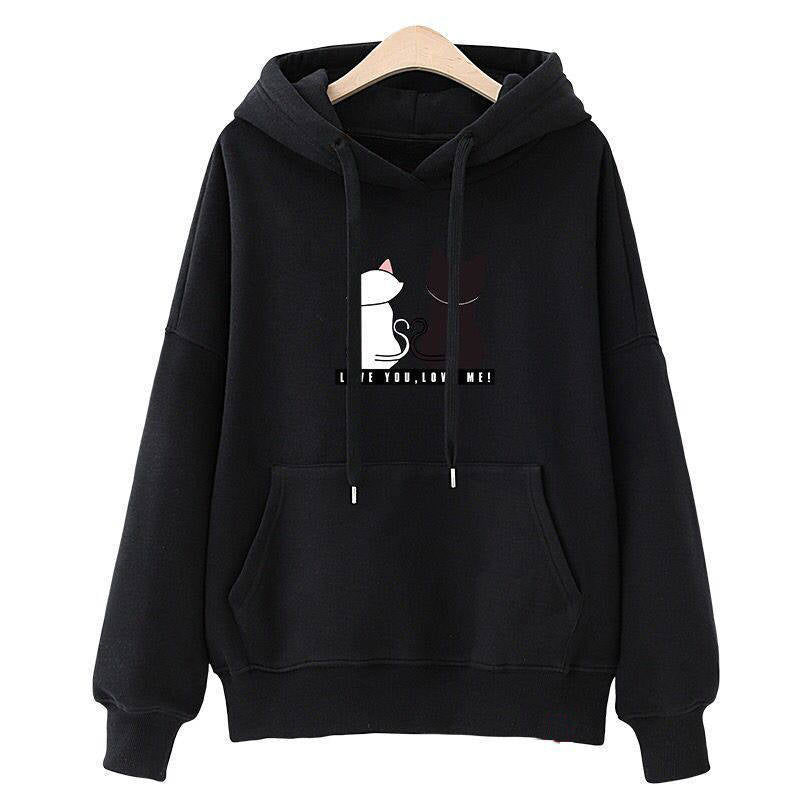Damen Kapuzenpullover Katzenmotiv Kängurutasche Norvielle