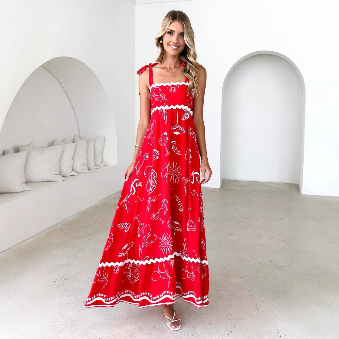 Damen Maxikleid Trägerdesign Druck Norvielle
