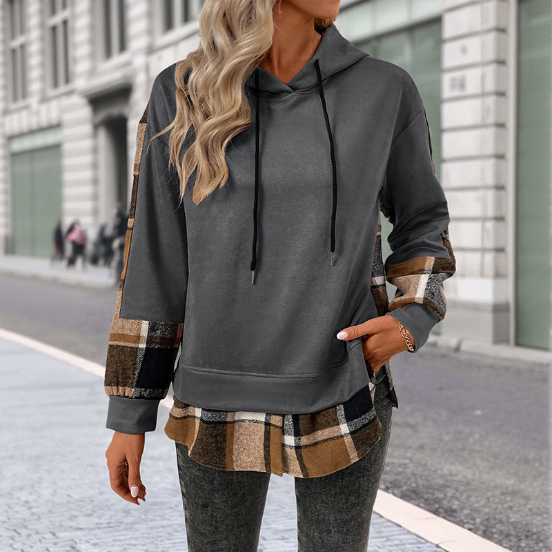 Damen Kapuzenpullover Kariertes Patchwork-Design Norvielle
