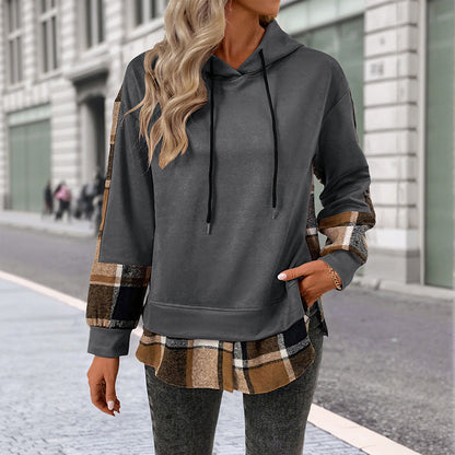 Damen Kapuzenpullover Kariertes Patchwork-Design Norvielle
