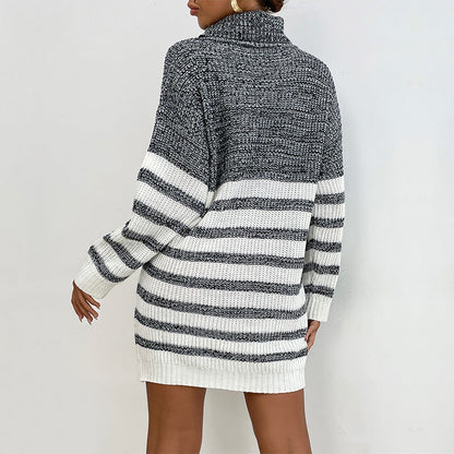 Damen Strickkleid Hochkragen Modische Streifen