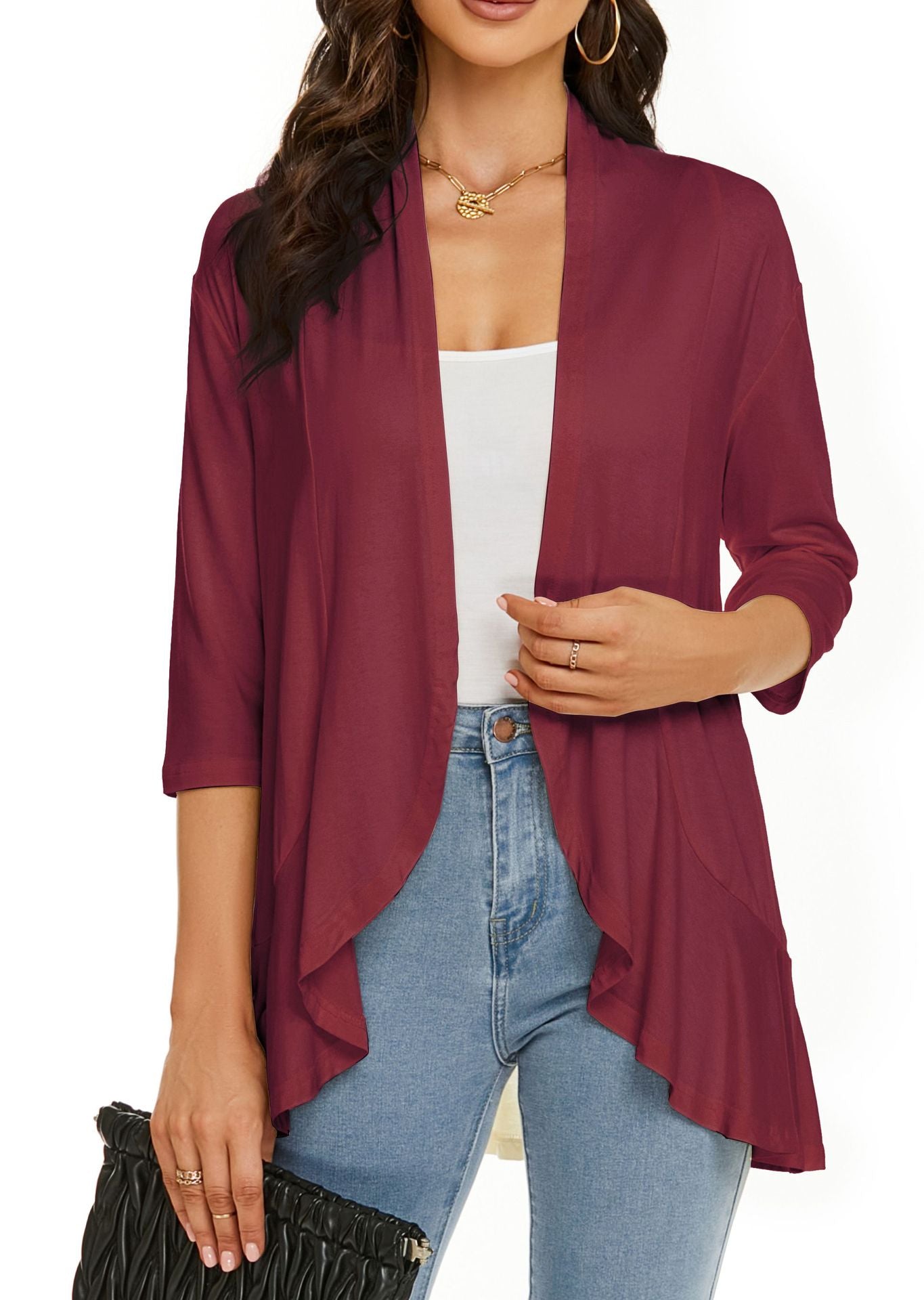 Norvielle Damen Strickjacke Einfarbig 3/4 Ärmel Rüschenrand