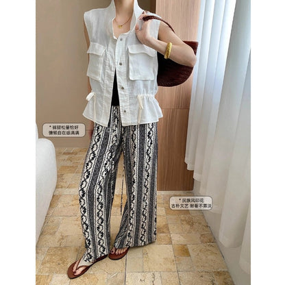 Damen Palazzo Hose Elastischer Bund Geometrisches Muster Beige