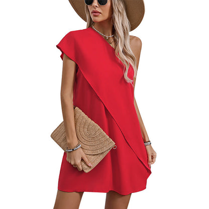 Damen Cocktailkleid Asymmetrisch Schulterfrei Fließend