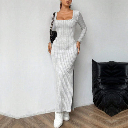 Damen Maxi-Kleid Rippenstrick Schlitz Norvielle