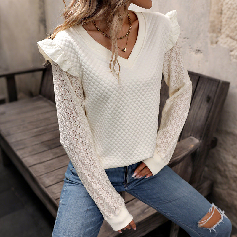 Damen Pullover Spitzenärmel Waffelmuster Norvielle