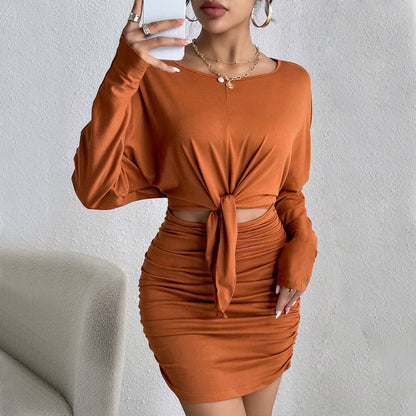Damen Minikleid Gerafft Knotbares Oberteil Norvielle