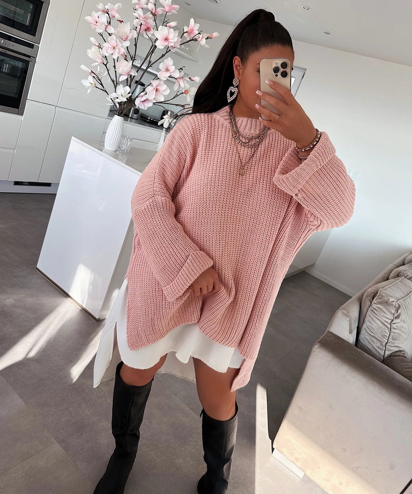 Damen Strickpullover Oversized Lässiger Schnitt Weite Ärmel Norvielle