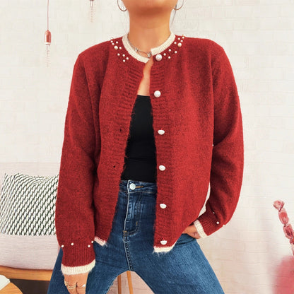 Damen Strickjacke mit Perlenverzierungen und Knöpfen Schwarz - Norvielle