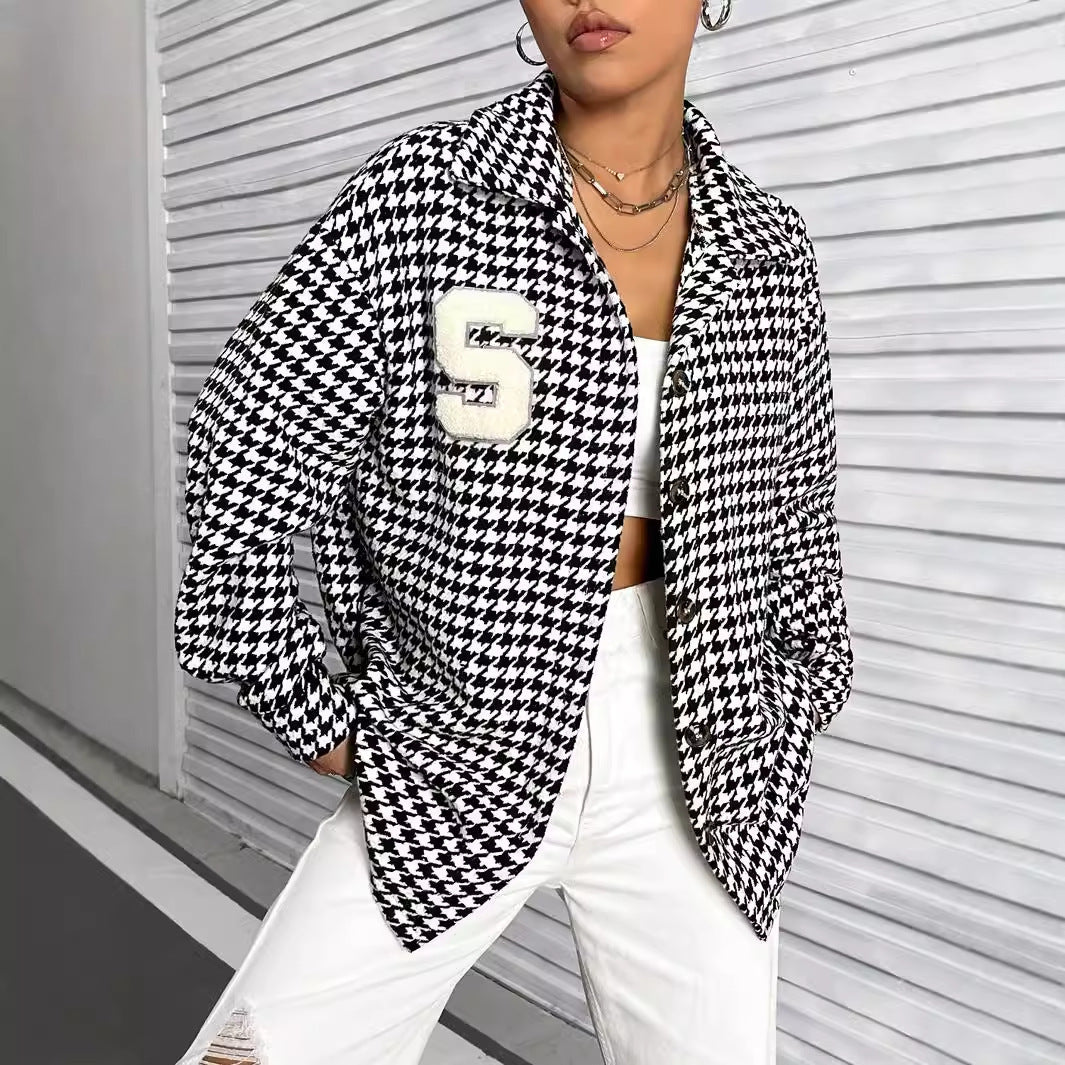 Damen Oversized Bluse Hahnentritt-Design Baumwolle