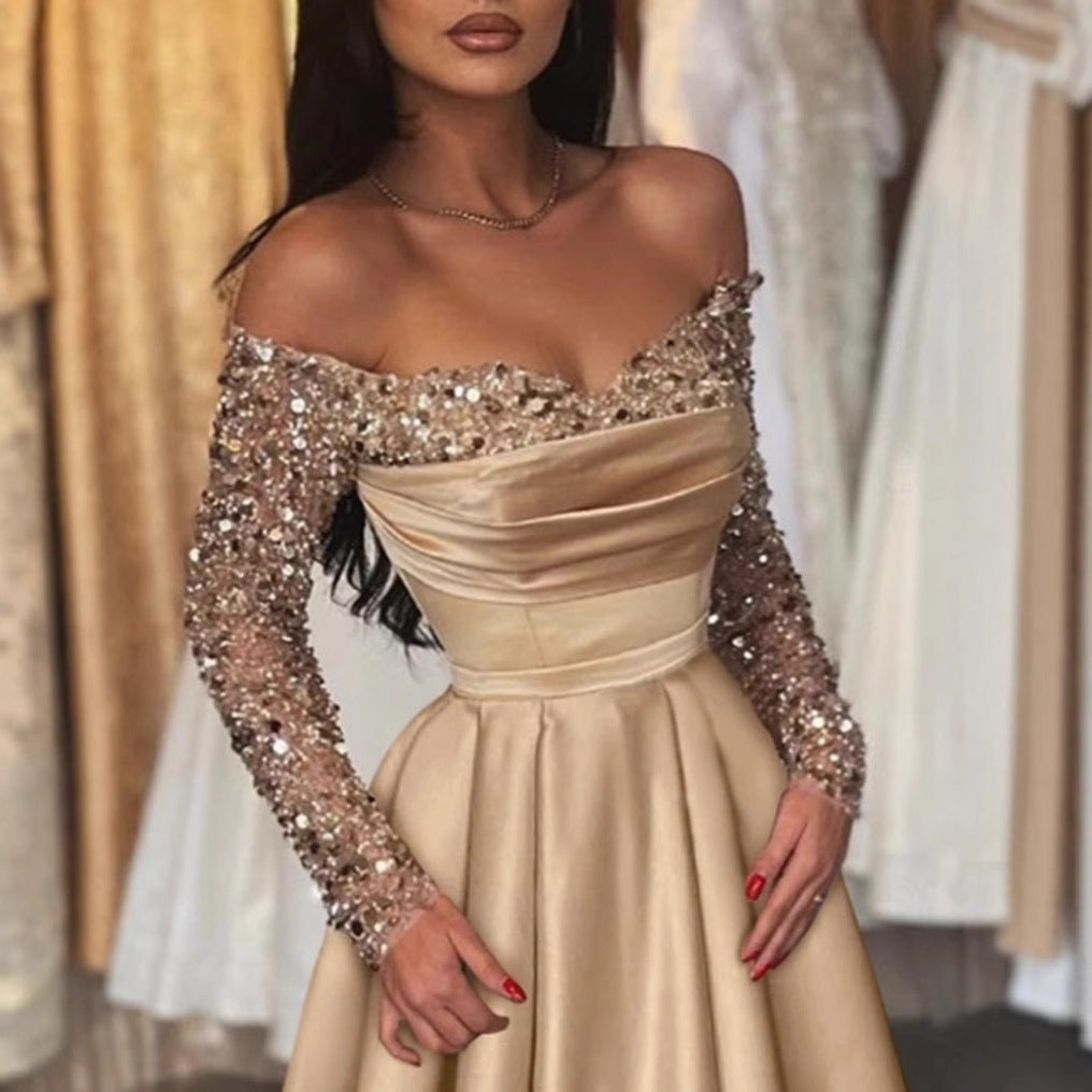 Damen Elegantes Ballkleid Schimmerndes Oberteil Bestickte Ärmel