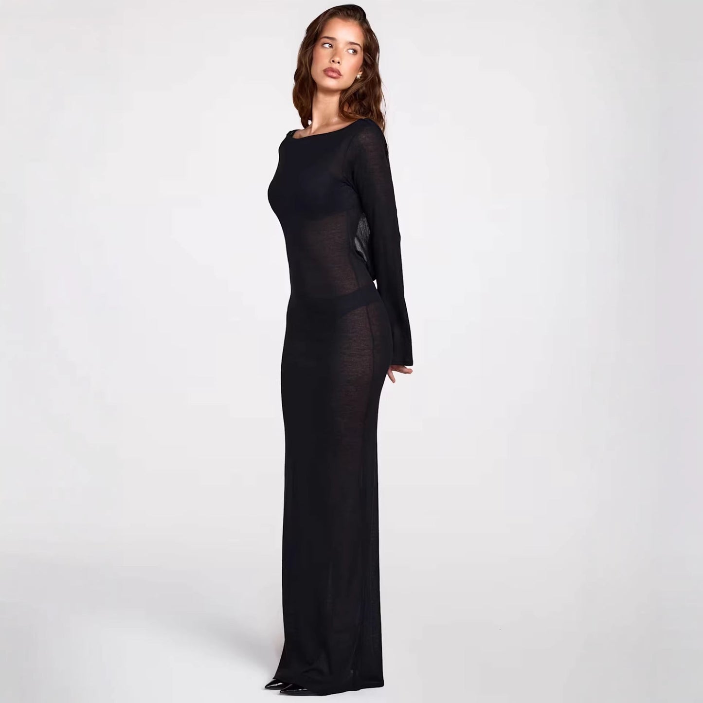 Damen Maxikleid Langärmlig Figurbetont Transparent