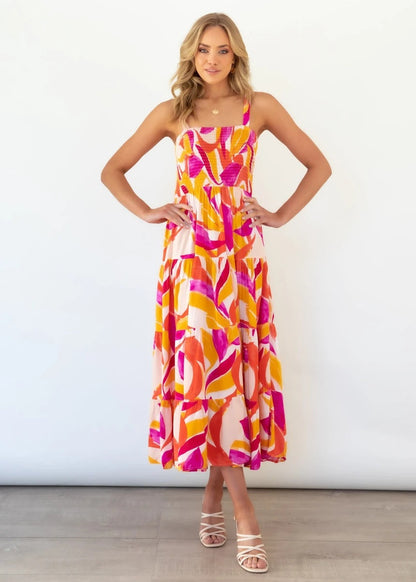 Damen Maxikleid Boho Blumenmuster Elastisch Bunt