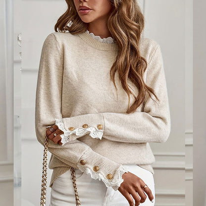 Damen Strickpullover Elegante Rüschendetails Knopfverzierung - Norvielle