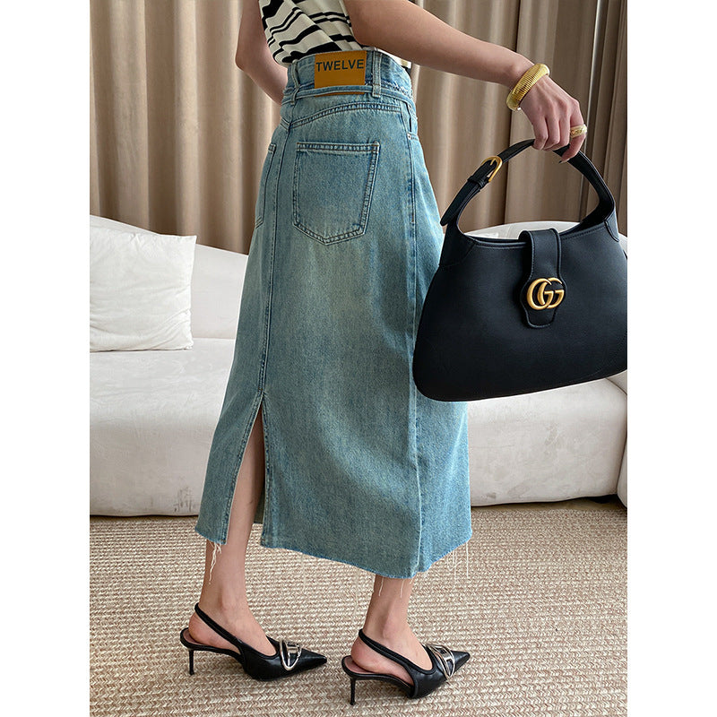 Damen Jeansrock Midi mit verstellbarer Taille und seitlichen Taschen