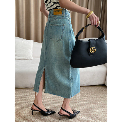 Damen Jeansrock Midi mit verstellbarer Taille und seitlichen Taschen