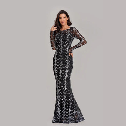 Damen Abendkleid Figurbetont Transparente Ärmel Pailletten Schwarz - Norvielle