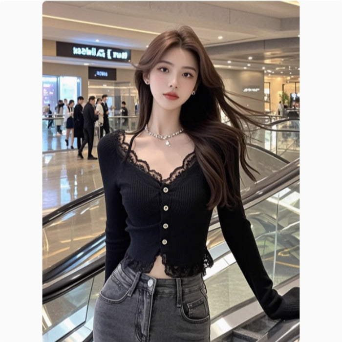 Damen Langarmshirt Spitzenbesatz Norvielle