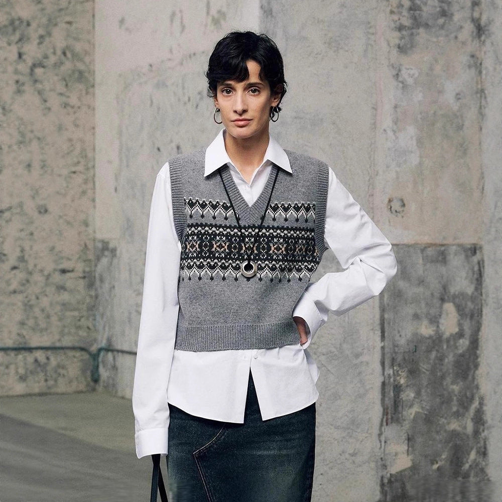 Damen Strickpullover V-Ausschnitt Geometrisches Muster Norvielle