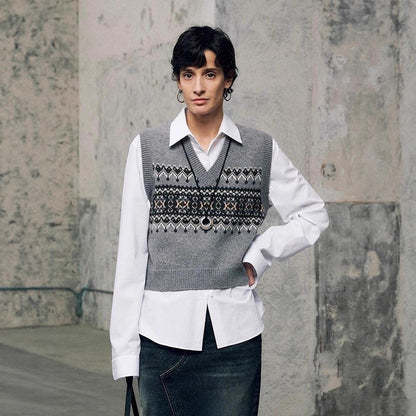 Damen Strickpullover V-Ausschnitt Geometrisches Muster Norvielle