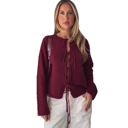 Damen Cardigan Oversized Ärmel Schnürdesign Beige