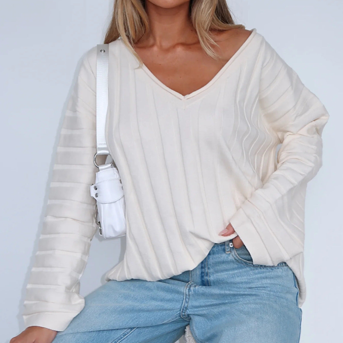 Damen Pullover V-Ausschnitt Streifenmuster Norvielle