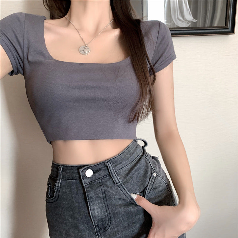 Damen Crop- Rundhalsausschnitt Figurbetonter Schnitt